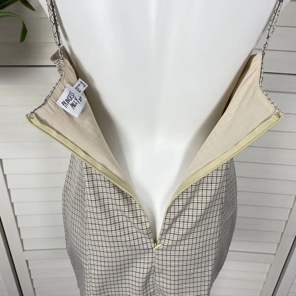 Princess Polly Alaysiah Mini Dress Tan Check Spaghetti‎ Strap AU 12 US Size 8